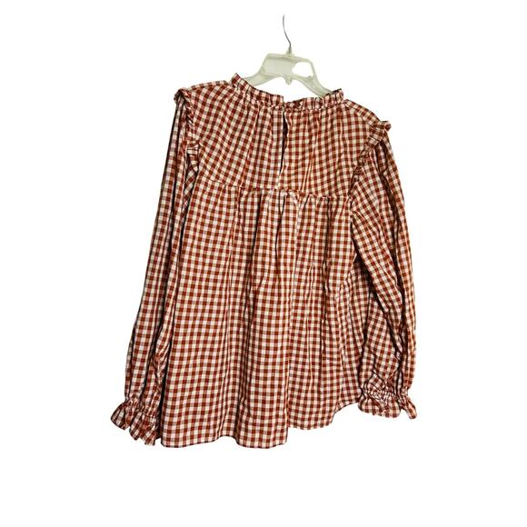 HAPTICS Womens Gingham Ruffle Red White Long Sleeve Blouse Top Cotton Blend 1X - Picture 2 of 8